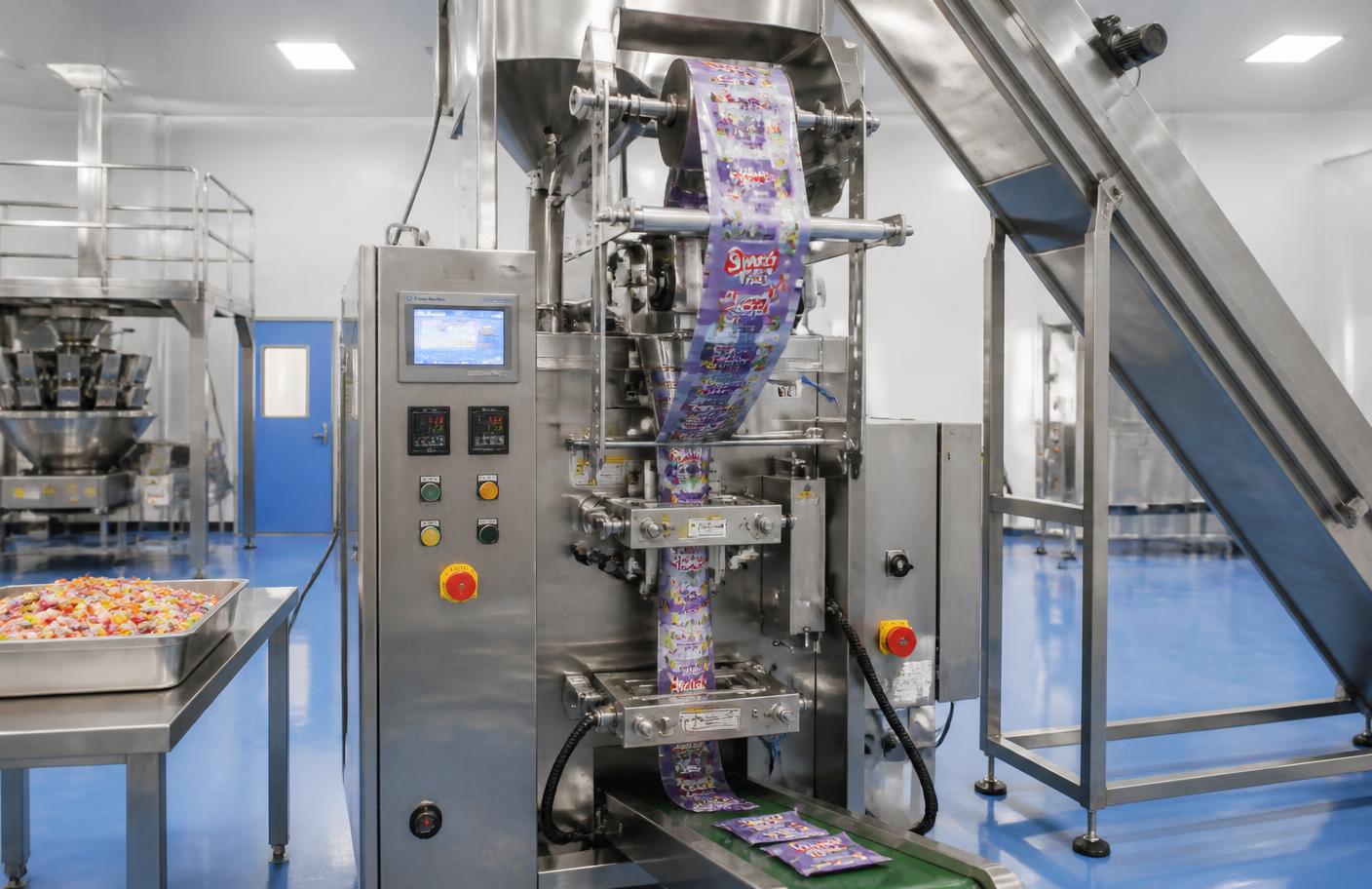 Automated vertical form-fill-seal machine packing confectionery pouches